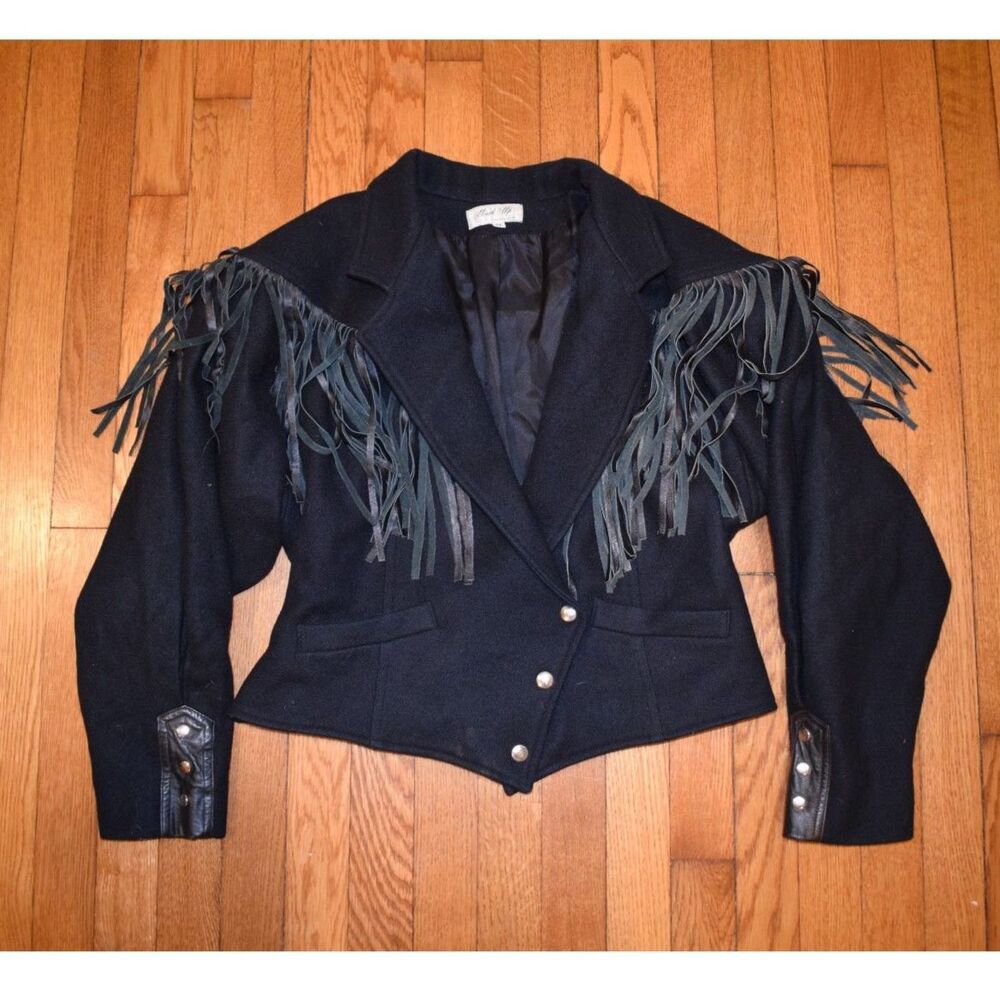 Vintage 1980s Mark Up of California Black Wool Fringed Western Cropped Jacket